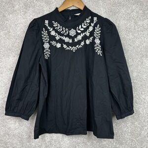 LOFT Womens Black White Embroidered Floral Peasant 3/4‎ Sleeve Blouse Top Size S